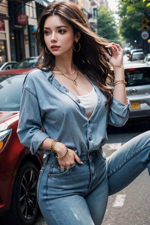 1girl, ground_vehicle, solo, breasts, motor_vehicle, motorcycle, cleavage, jewelry, denim, brown_hair, high_heels, tank_top, necklace, pants, jeans, outdoors, long_hair, road, looking_at_viewer, day, brown_eyes, earrings, lips, large_breasts, bracelet, street, medium_breasts, realistic, sign