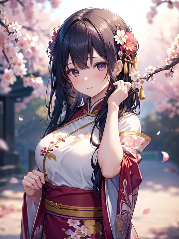 masterpiece,extremely detailed CG unity 8k wallpaper,1girl, beautiful, realistic, blurry, blurry_background, blurry_foreground, branch, plum blossom, depth_of_field, flower, jewelry, nose, realistic, solo,chinese clothes,fingers hidden, arms hidden, only wearing a bra