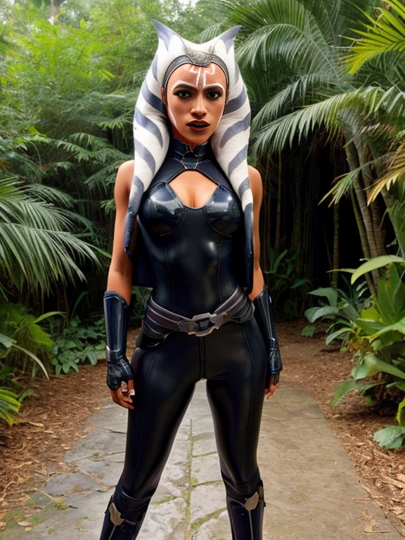 ahsoka, helmet with red visor, cape, armor,black gloves,tight bodysuit,black cape,black pants, BREAK close-up, solo, standing, front view, medium breasts, hands on hips, wide hips, BREAK x3dce, 3d, jungle background, dense vegetation, rain, night, night sky,
