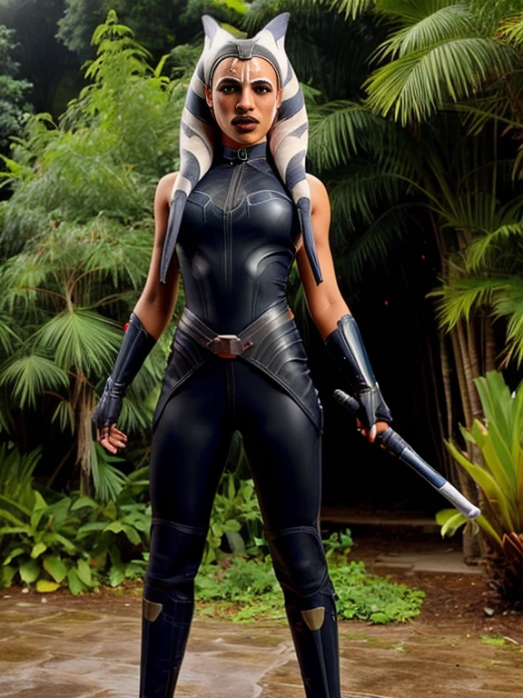 ahsoka, helmet with red visor, cape, armor,black gloves,tight bodysuit,black cape,black pants, BREAK close-up, solo, standing, front view, medium breasts, hands on hips, wide hips, BREAK x3dce, 3d, jungle background, dense vegetation, rain, night, night sky,
