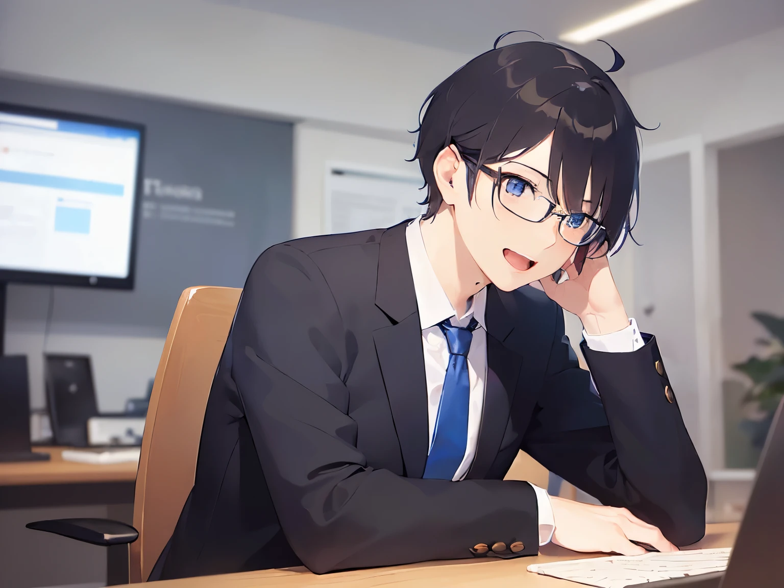 (looking away:1.5), plastic frame eyewear、masterpiece、highest quality、(25 year old male:1.5) and (black short hair) and (hair over eyes:1.3) and (blue eyes), wearing a suit、wearing a white shirt、Wearing a blue tie、sitting、smile, open mouth, The background is an office、computer、(Alone:1.5)