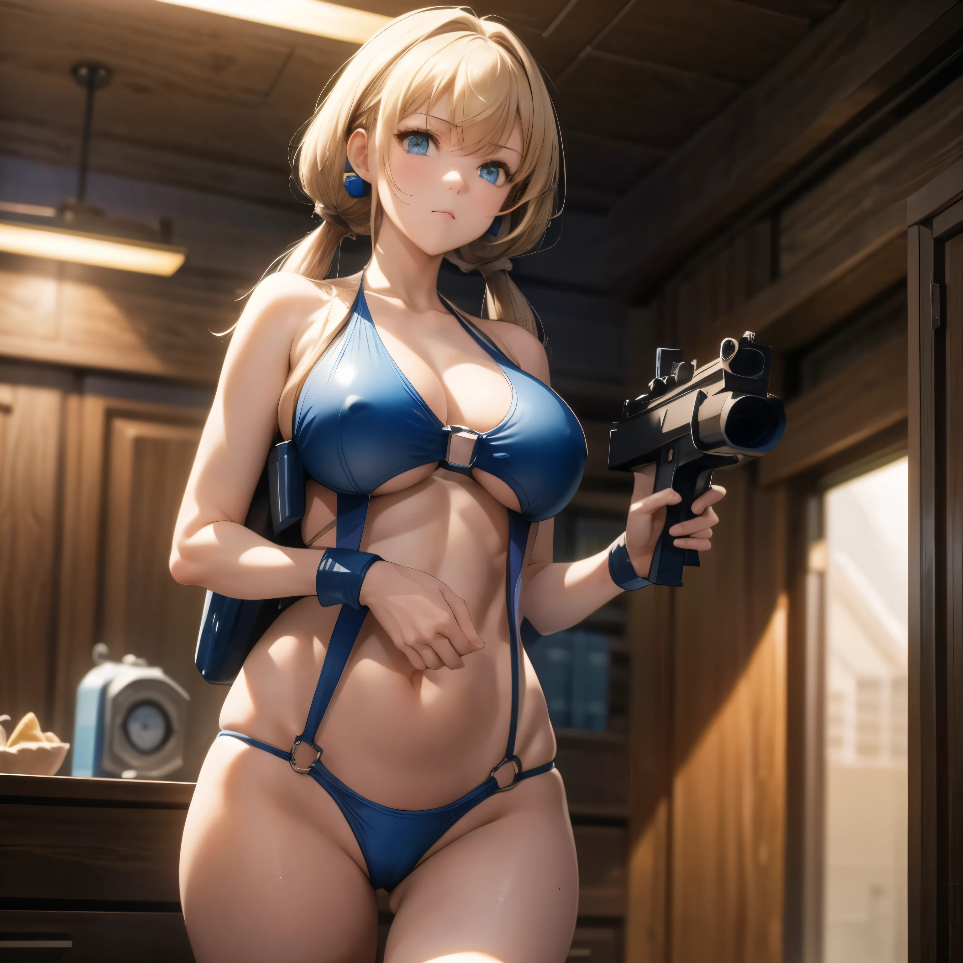 Imperial Guard Combat Uniform Swimsuit, o-ring bikini, v gundam, swimsuit, absurdres, highres, solo, cowboy shot, 1girl, neneka nibrou \(cosplay\), wristband, headphone, holster, backpack, holding gun, aiming, perfect hands, wind, huge breast, large breast, 1GIRL, BLONDE HAIR, LOW TWINTAILS, LONG HAIR, BLUE EYES, BANGS, MITSUBA1