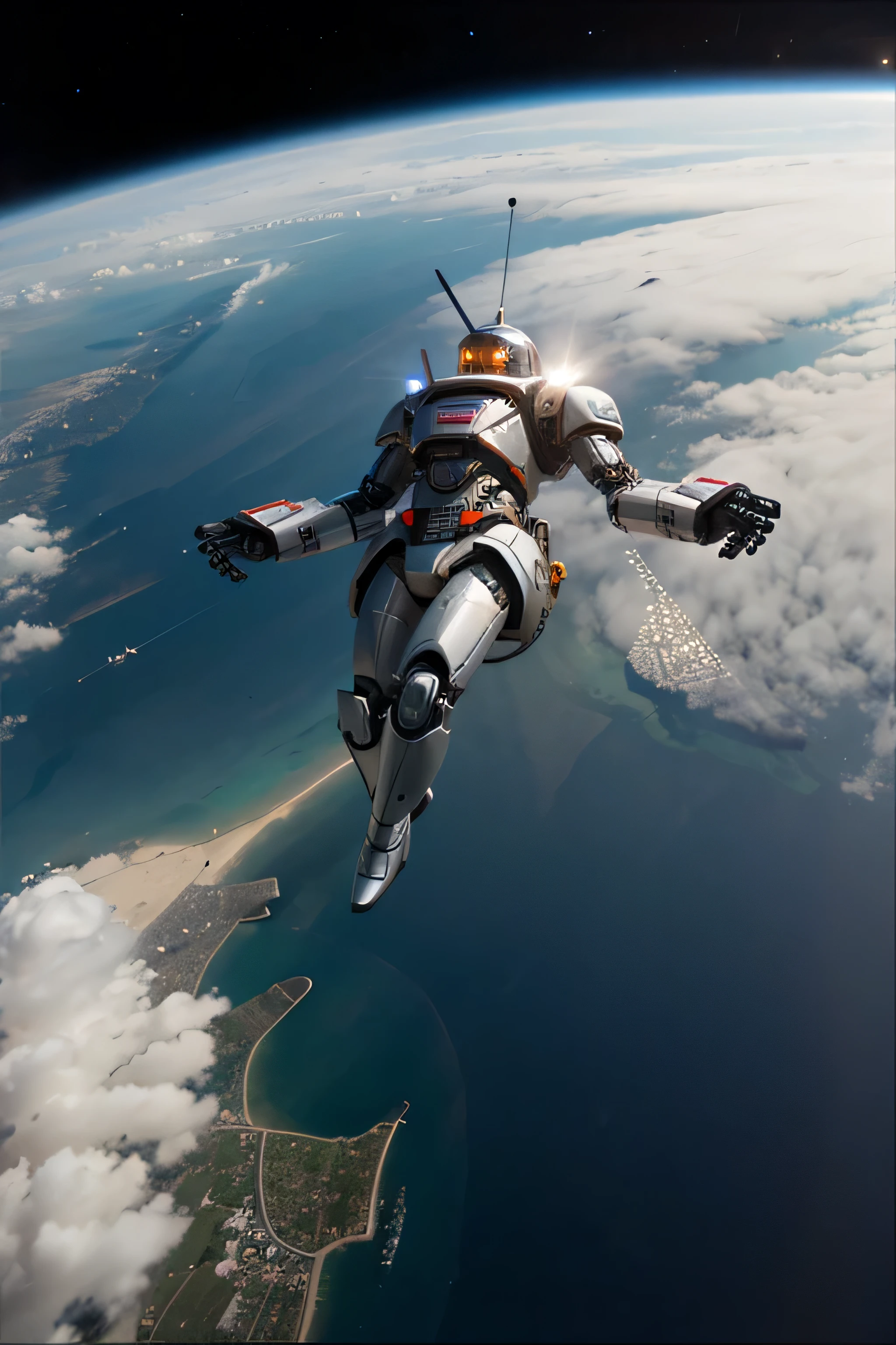 skyscraper sized robot flying in space