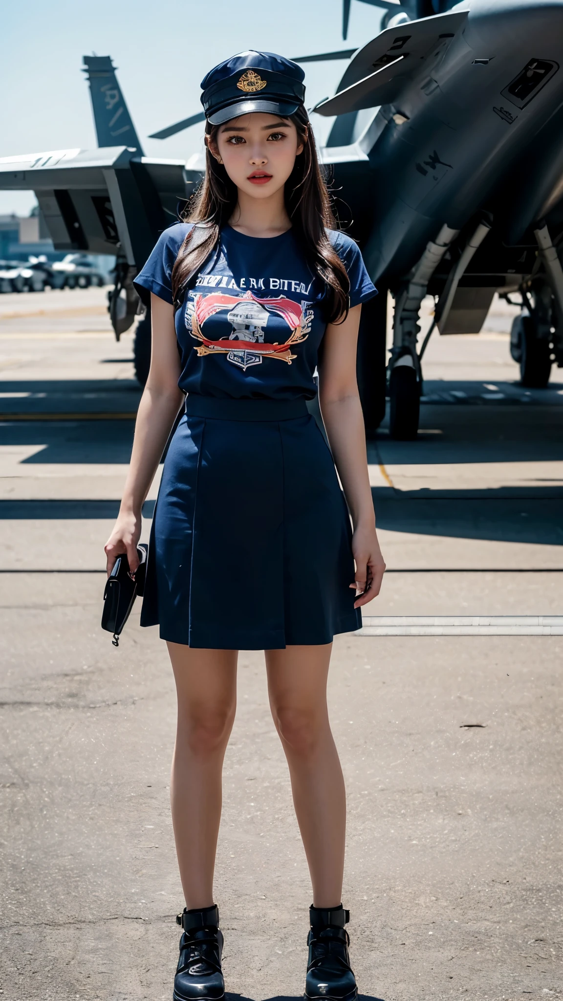 8k, highest quality, ultra detailed:1.37), Ray Tracing , Unity 8k wallpaper, ((18 years)), a beautiful Asian girl, ((proudly stands in a Aircraft Carrier Deck)), representing her  as a Navy Pilot, ((She wears a fitted Luxury pink T-shirt)), ((Luxury Knee length Royal blue skirt)), The high-resolution image captures ultra-detailed realism, highlighting Eliana's determined expression, piercing eyes, and confident stance. The backdrop showcase Aircraft carriers, adding to the authenticity and significance of the image. This visually striking representation showcases Eliana's strength and dedication as a Navy pilot, Big ship, ((Blue sea)), (((Aircraft Carrier Deck))), Fighter Jets, Army Helicopter, Chinook Helicopter, ((Detailed face)), ((Perfect body figure)), ((Detailed hair)), ((Detailed Dress)), ((Detailed background)), ((detailed skin)), ((detailed Fighter Jets)), cute knees, Aircraft carriers, Stylish looks, Perfect Young breasts under dress, realistic Skin, Perfect Angles, Ultra Realistic, Ultra HD image Clarity, fighter Jet Helmet in Hands, Eyes are very hot looks, Slightly open mouth, 