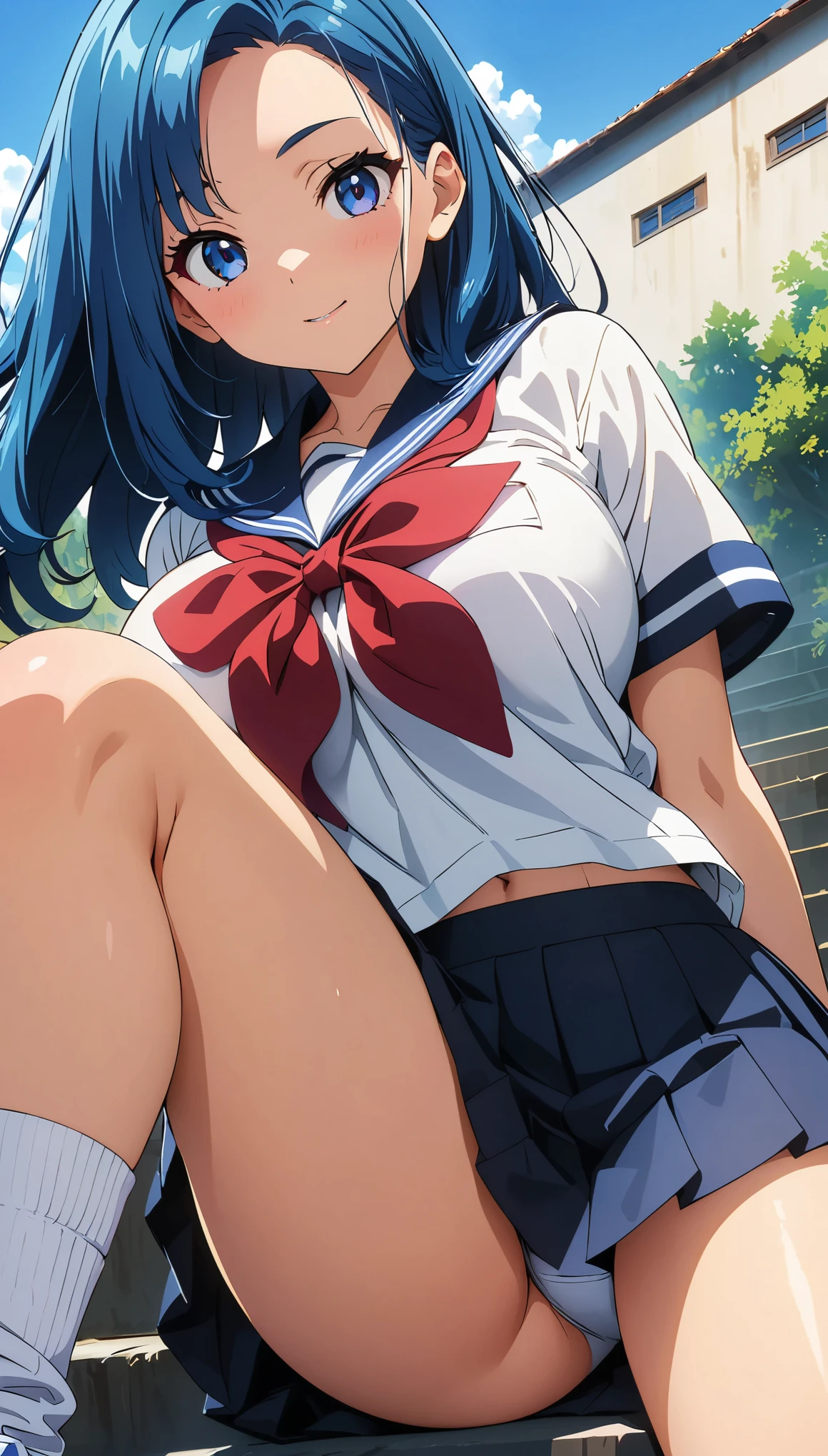 (anime artwork, anime style, studio anime, very detailed, up to date, vibrant, Anime Coloring, high contrast, masterpiece:1.2, best quality, best aesthetics), woman in sailor suit, pleated skirt, big breasts, A glimpse of thighs, blue hair, long straight hair, asymmetrical bangs, perfect proportions, high detail skin, Cute, detailed faces, on the stairs, sitting, low angle shot:1.2, (precise fingertips, Refers to 4, Thumb 1),