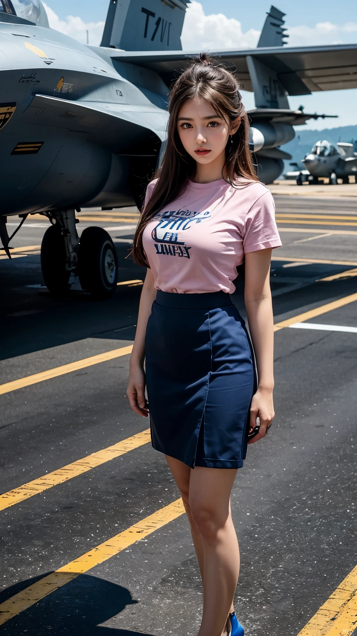 8k, highest quality, ultra detailed:1.37), Ray Tracing , Unity 8k wallpaper, ((18 years)), a beautiful Asian girl, ((proudly stands in a Aircraft Carrier Deck)), representing her  as a Navy Pilot, ((She wears a fitted Luxury pink T-shirt)), ((Luxury Knee length Royal blue skirt)), The high-resolution image captures ultra-detailed realism, highlighting Eliana's determined expression, piercing eyes, and confident stance. The backdrop showcase Aircraft carriers, adding to the authenticity and significance of the image. This visually striking representation showcases Eliana's strength and dedication as a Navy pilot, Big ship, ((Blue sea)), (((Aircraft Carrier Deck))), Fighter Jets, Army Helicopter, Chinook Helicopter, ((Detailed face)), ((Perfect body figure)), ((Detailed hair)), ((Detailed Dress)), ((Detailed background)), ((detailed skin)), ((detailed Fighter Jets)), cute knees, Aircraft carriers, Stylish looks, Perfect Young breasts under dress, realistic Skin, Perfect Angles, Ultra Realistic, Ultra HD image Clarity, fighter Jet Helmet in Hands, Eyes are very hot looks, Slightly open mouth, 