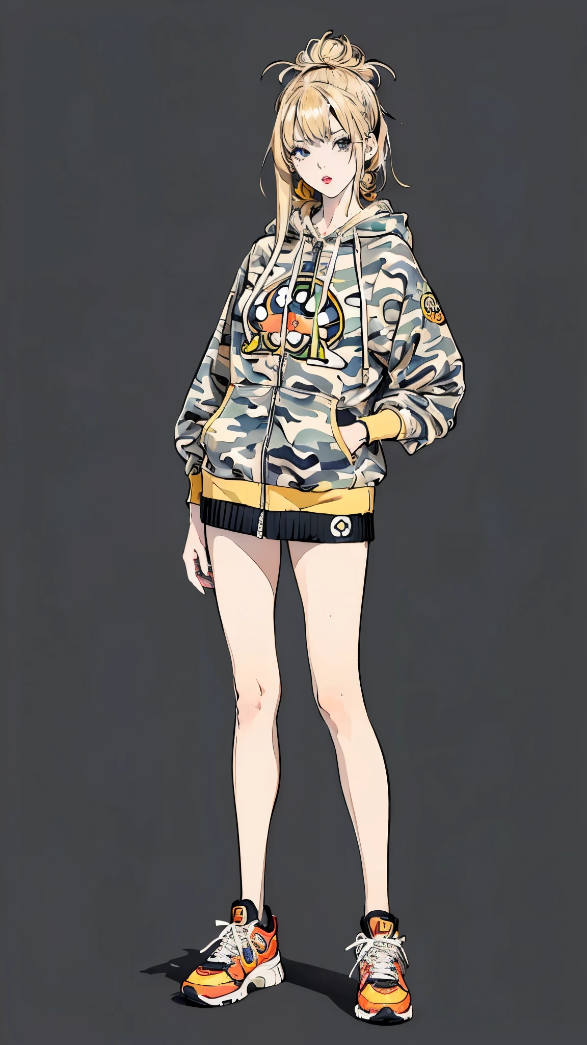 ((best quality,4k,highres,masterpiece:1.2)),((character concept art)), 1 female, age 17, Japanese. Known for her talkative and friendly demeanor, ((she embodies the Gyaru style with her dyed blond hair and tanned skin)). Her body is a head-turner, distracting every man around her. Despite her flirty nature, she is approachable and friendly, making her popular among her classmates. She's usually seen in trendy, flamboyant outfits, reflecting her bold and outgoing personality. (((She wears an A Bathing Ape Camo T-Shirt, renowned for its unique camo print, embodying the brand's streetwear aesthetic. Paired with the iconic A Bathing Ape Bapesta Sneakers, known for their star logo and wide array of colorways, which are a staple of street fashion. To top off her bold look, she dons the recognizable A Bathing Ape Full Zip Hoodie, which zips up to the top of the hood, typically featuring a shark face or the brand's logo))). Her body language exudes confidence and charm, always drawing attention to herself. ((intricate detail)), super finely detailed hands, ultra finely detailed fingers(((ten fingers))), (standing confidently), (full body showcase), (show full body), (no logos on background), (no logo), ((plain background)), ((plain background)), (((empty background))).