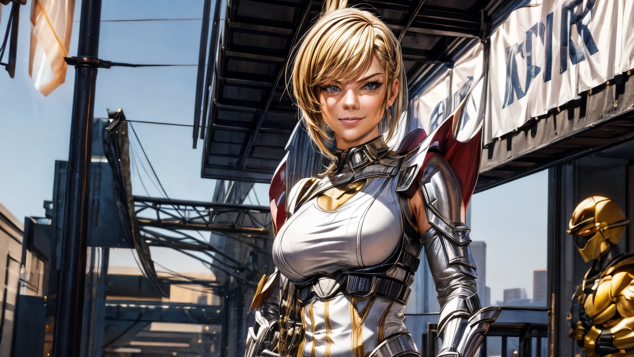 (best quality,4k,8k,highres,masterpiece:1.2),ultra-detailed, Alien Princess, with lightning powers and stylized golden electric armor, short blond hair, Female Commander Invading a city with her Ranger troops behind her, strutting her stuff, Smiling and laughing, Flirting with the viewer, HDR, 8k, absurdres, cinestill 800, sharp focus, add_detail:3 (solo woman) anime Villainess, wideshot, widescreen, focus on subject