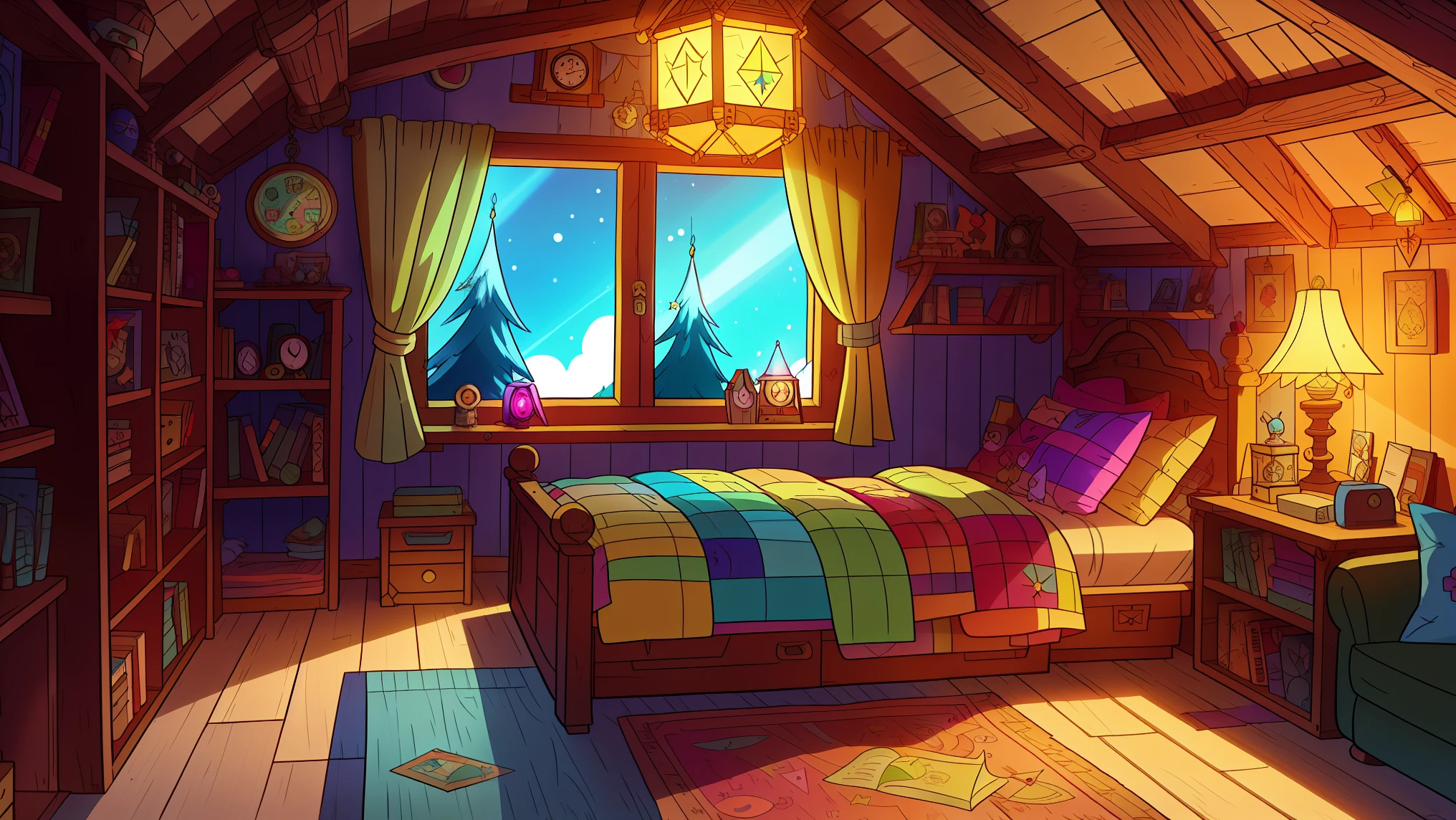 An image of a cozy bedroom night scene in the style of the animated series &quot;Gravity Falls&quot;. ((It&#39;s a bright sunny day outside)), The room is filled with whimsical and mysterious elements., with a touch of supernatural atmosphere. The walls are decorated with children&#39;s posters and there are shelves filled with curious books and strange trinkets... The bed is located in one corner, with a colorful and different patchwork quilt and lots of fluffy pillows.. The desktop is littered with various gadgets and magazines., and a glowing lantern sits on top. The room is lit with warm and dim light., giving it a cozy and welcoming atmosphere. This is the perfect bedroom for a young adventurer or Gravity Falls fan., where he can relax and dream about mysterious adventures.! in gravityfalls style