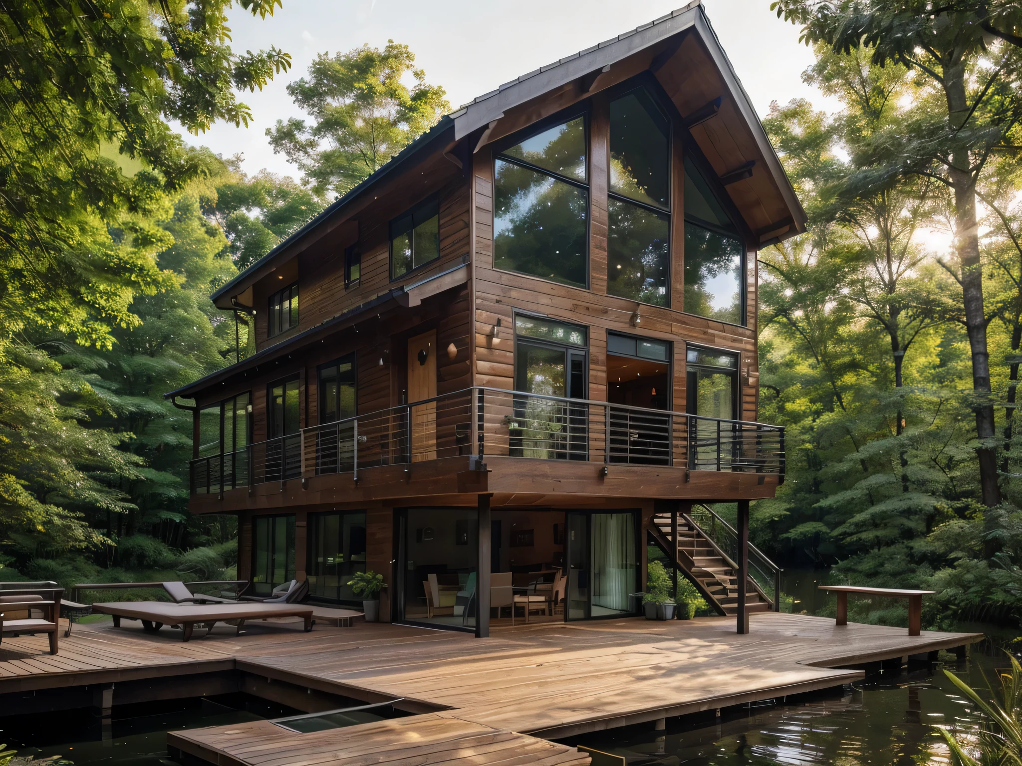 a cozy floating cabin surrounded by lush greenery in a serene forest setting. The cabin has a wooden exterior with large windows, allowing plenty of natural light inside. There are various plants and grasses growing on the roof, giving it a natural and eco-friendly appearance. A wooden deck extends out from the cabin over the water, providing a peaceful spot to relax and enjoy the tranquil surroundings. Overall, it showcases a harmonious blend of modern architecture with nature.