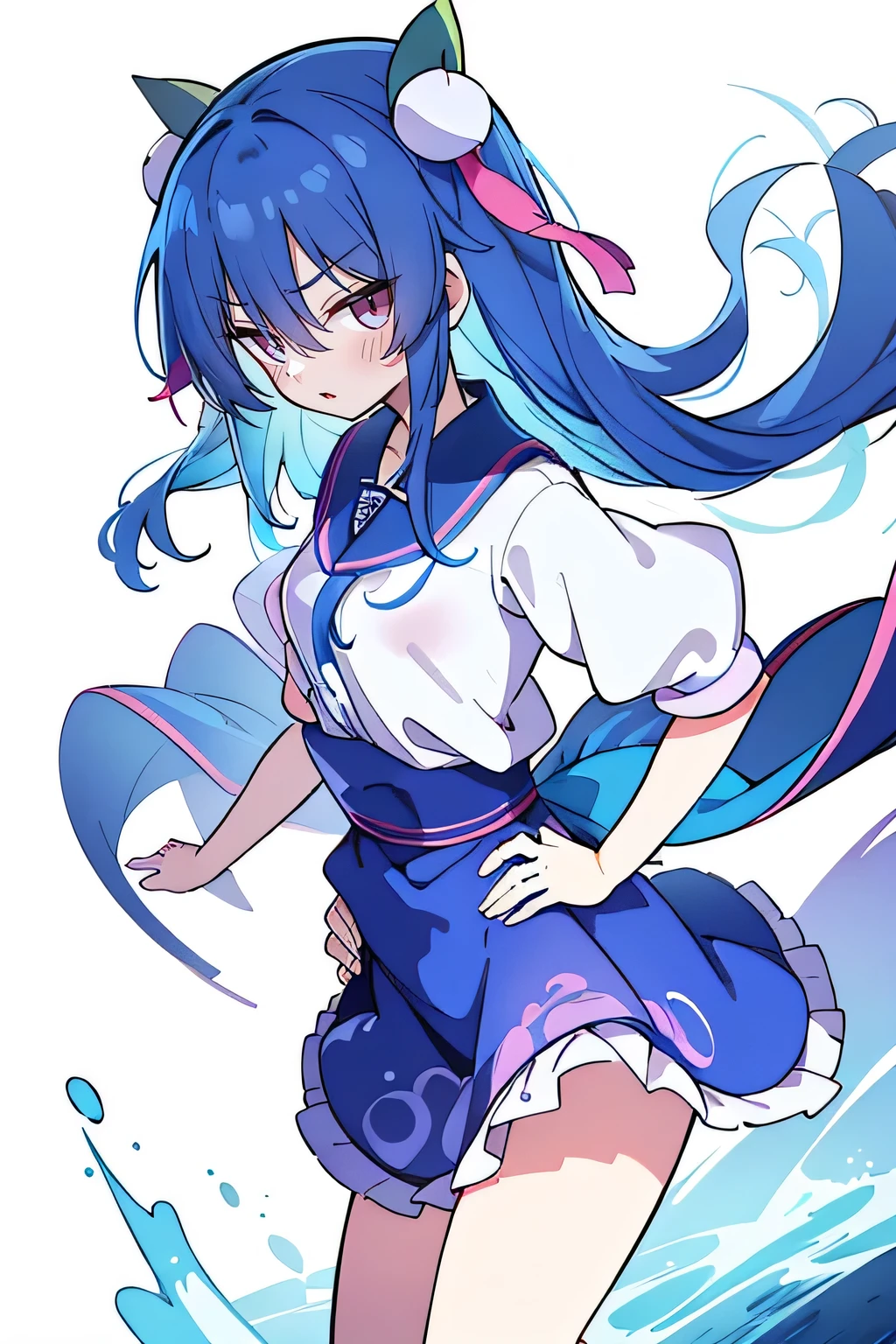 (masterpiece),best quality, expressive eyes, perfect face, 1girl,
 Put your hands on your waist,fair, Gorgeous,Japanese cartoons,girl,lola,Hina Angel, blue hair, blue haired, floating clothes,Grab your waist, Grab your waist, hands on hips , hands on hips,sit, sit on ground, Legs on the ground, flat chest