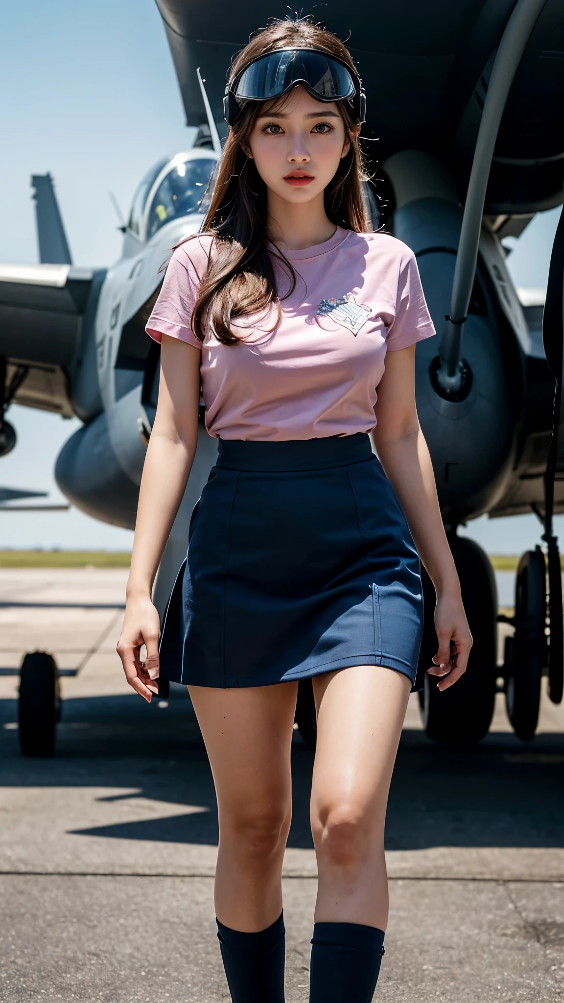 8k, highest quality, ultra detailed:1.37), Ray Tracing , Unity 8k wallpaper, ((18 years)), a beautiful Asian girl, ((proudly stands in a Aircraft Carrier Deck)), representing her as a Navy Pilot, ((She wears a fitted Luxury pink T-shirt)), ((Luxury Knee length Royal blue skirt)), The high-resolution image captures ultra-detailed realism, highlighting Eliana's determined expression, piercing eyes, and confident stance. The backdrop showcase Aircraft carriers, adding to the authenticity and significance of the image. This visually striking representation showcases Eliana's strength and dedication as a Navy pilot, Big ship, ((Blue sea)), (((Aircraft Carrier Deck))), Fighter Jets, Army Helicopter, Chinook Helicopter, ((Detailed face)), ((Perfect body figure)), ((Detailed hair)), ((Detailed Dress)), ((Detailed background)), ((detailed skin)), ((detailed Fighter Jets)), cute knees, Aircraft carriers, Stylish looks, Perfect Young breasts under dress, realistic Skin, Perfect Angles, Ultra Realistic, Ultra HD image Clarity, fighter Jet Helmet in Hands, Eyes are very hot looks, Slightly open mouth,