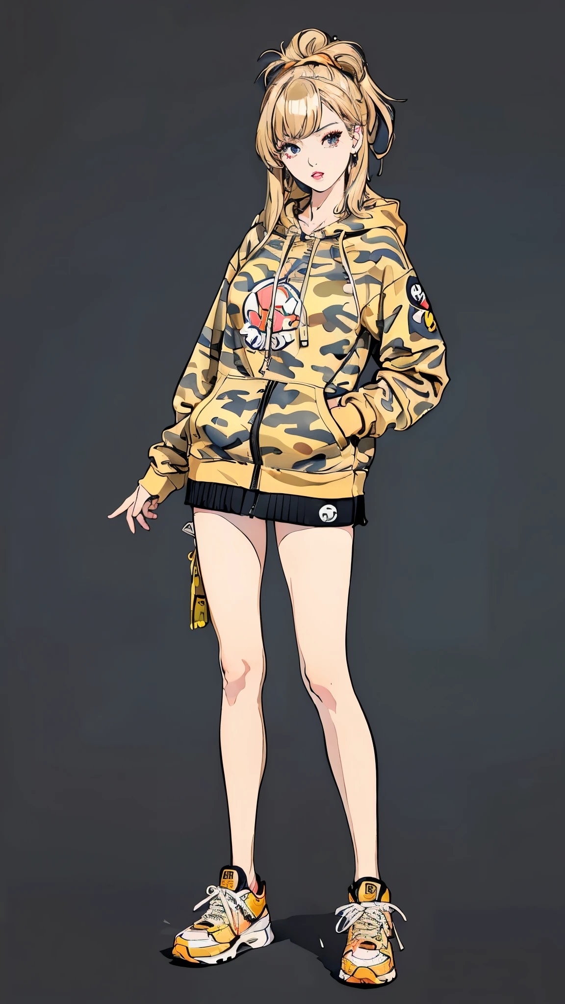 ((best quality,4k,highres,masterpiece:1.2)),((character concept art)), 1 female, , Japanese. Known for her talkative and friendly demeanor, ((she embodies the Gyaru style with her dyed blond hair and tanned skin)). Her body is a head-turner, distracting every man around her. Despite her flirty nature, she is approachable and friendly, making her popular among her classmates. She's usually seen in trendy, flamboyant outfits, reflecting her bold and outgoing personality. (((She wears an A Bathing Ape Camo T-Shirt, renowned for its unique camo print, embodying the brand's streetwear aesthetic. Paired with the iconic A Bathing Ape Bapesta Sneakers, known for their star logo and wide array of colorways, which are a staple of street fashion. To top off her bold look, she dons the recognizable A Bathing Ape Full Zip Hoodie, which zips up to the top of the hood, typically featuring a shark face or the brand's logo))). Her body language exudes confidence and charm, always drawing attention to herself. ((intricate detail)), super finely detailed hands, ultra finely detailed fingers(((ten fingers))), (standing confidently), (full body showcase), (show full body), (no logos on background), (no logo), ((plain background)), ((plain background)), (((empty background))).