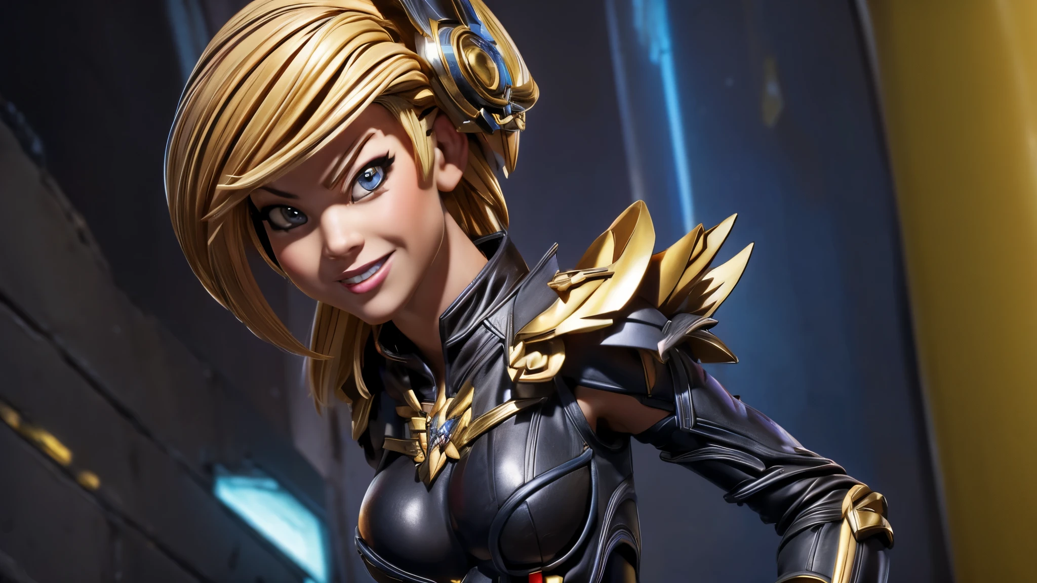 (best quality,4k,8k,highres,masterpiece:1.2),ultra-detailed, Alien Princess, with lightning powers and stylized golden electric armor, short blond hair, Female Commander Invading a city with her Ranger troops behind her, strutting her stuff, Smiling and laughing, Flirting with the viewer, HDR, 8k, absurdres, cinestill 800, sharp focus, add_detail:3 (solo woman) anime Villainess, wideshot, widescreen, focus on subject