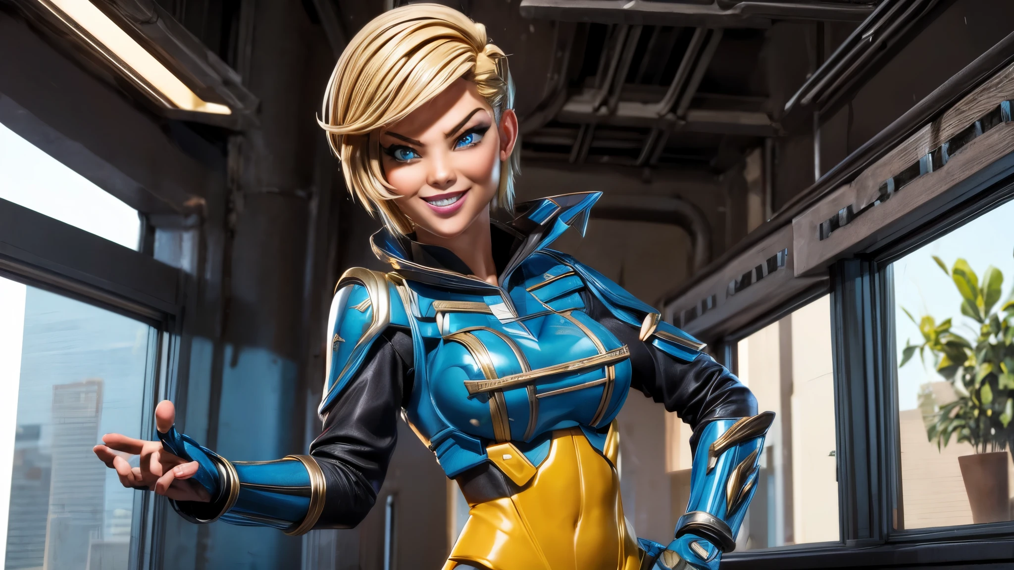 (best quality,4k,8k,highres,masterpiece:1.2),ultra-detailed, Alien Princess, with lightning powers and stylized golden electric armor, short blond hair, Female Commander Invading a city with her Ranger troops behind her, strutting her stuff, Smiling and laughing, Flirting with the viewer, HDR, 8k, absurdres, cinestill 800, sharp focus, add_detail:3 (solo woman) anime Villainess, wideshot, widescreen, focus on subject