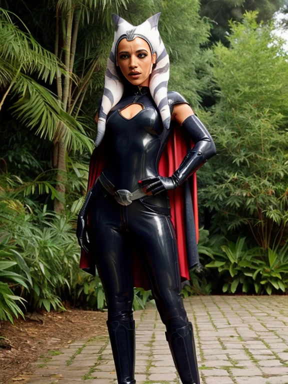 ahsoka, helmet with red visor, cape, armor,black gloves,tight latex bodysuit,black cape,black pants, BREAK close-up, solo, standing, front view, medium breasts, hands on hips, wide hips, BREAK x3dce, 3d, jungle background, dense vegetation, rain, night, night sky,