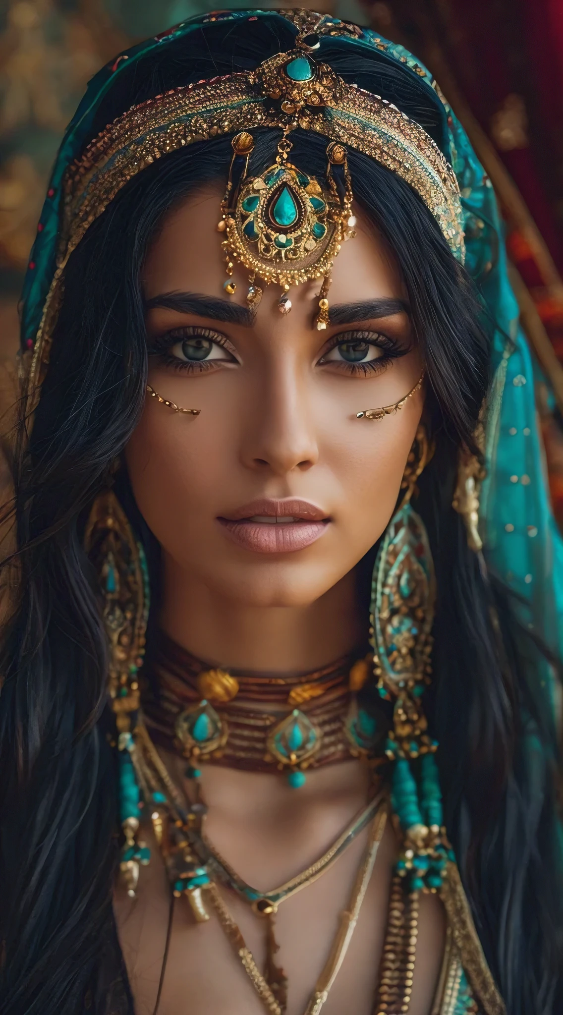 A beautiful middle eastern woman with long black hair, wearing an intricate head dress and gold jewelry. She has long eyelashes and is looking to the side. The background color of her outfit appears crimson and teal, while she wears ornate jewelry and golden accessories such as earrings and necklaces that have turquoise in them. Her skin tone seems light brown or beige, while she also features dark eye makeup. There is no text on it, with a focus on her face.