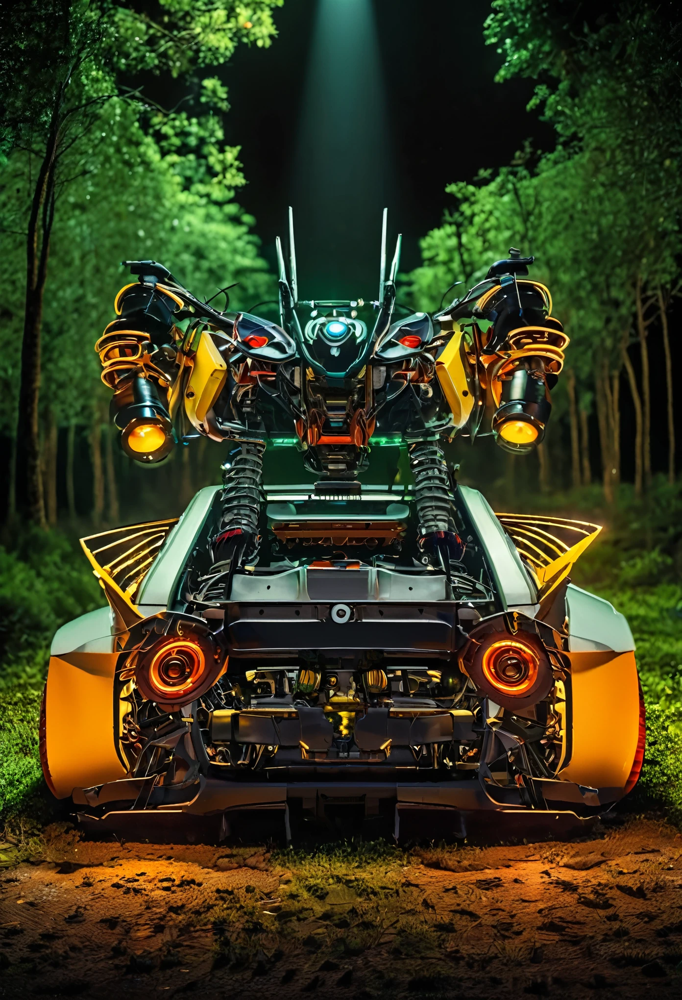 (masterpiece, best quality), 7 Transformer robot car, beautiful outdoor background, night, forest (high detailed:1.2), 8k uhd, dslr, Dramatic Rim light, high quality, Fujifilm XT3,