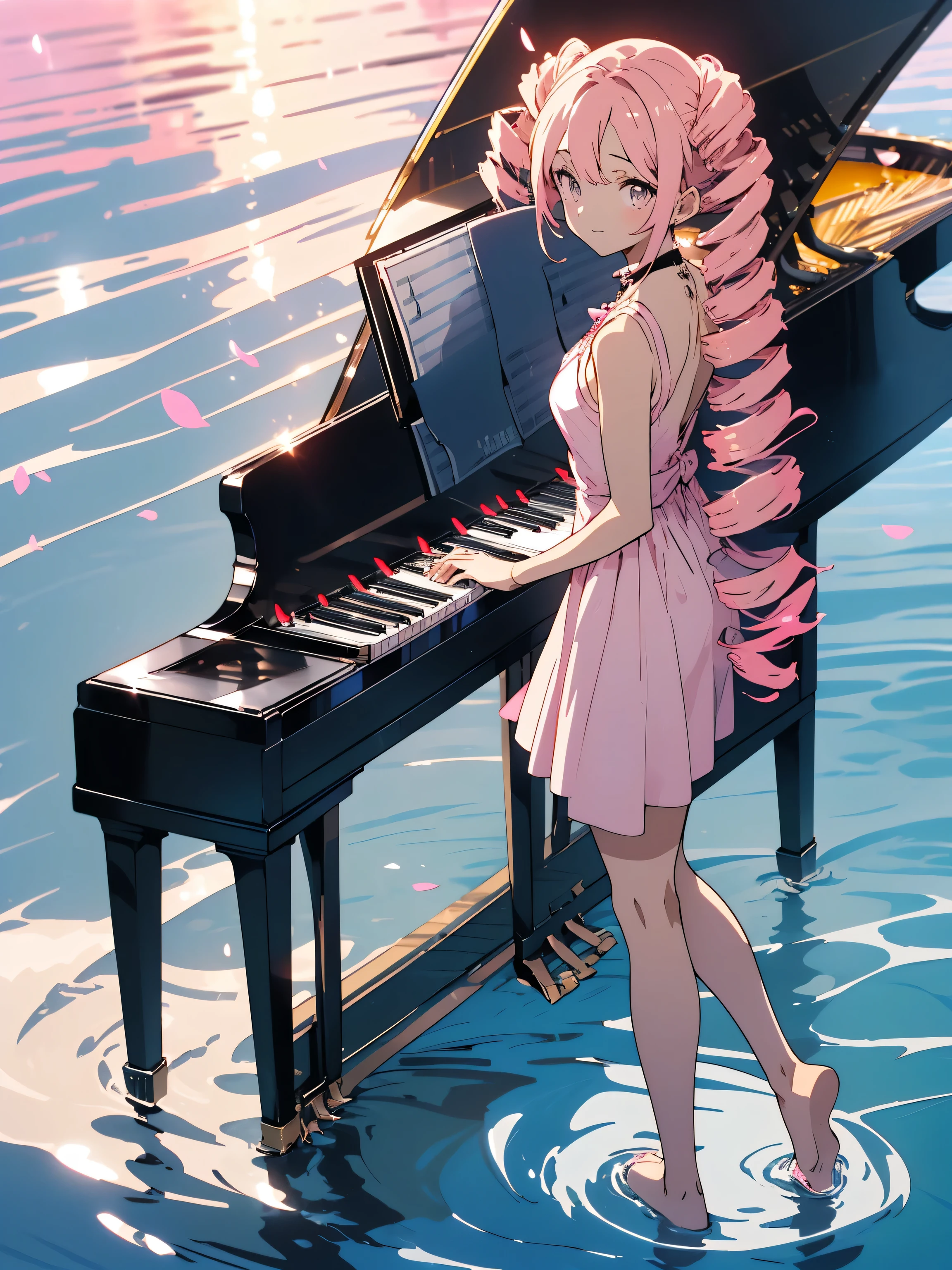 (highest quality、masterpiece、High resolution、detailed)、(Shining eyes、detailed beautiful face)、best image quality, 4k, (age girl:1.7、pianist:1.8), white and soft skin, (Pink twin drill hair:1.8), (golden eyes), (gorgeous dress), cute and soft, young, god々new eyes, exquisite hair,(Grand piano:1.5)、 (Look at the keyboard:1.9), smile, delicate features, front light, front light source, portrait, (full body:1.7), Feeling cute, Excellent posture that captures your vision, Portrait effect, (blue sky and white clouds), (Piano on the water:1.8)、(Vast space:1.3)、rose、(beautiful anime:1.6)、(Fantastic piano performance:1.7)