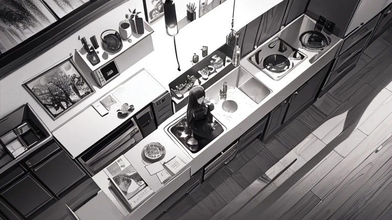 monochrome,masterpiece,illustration, best quality, best aathetic,woman,solo,
Kitchen,
long shot,Low angle and full shot, Bird’s eye view from above,