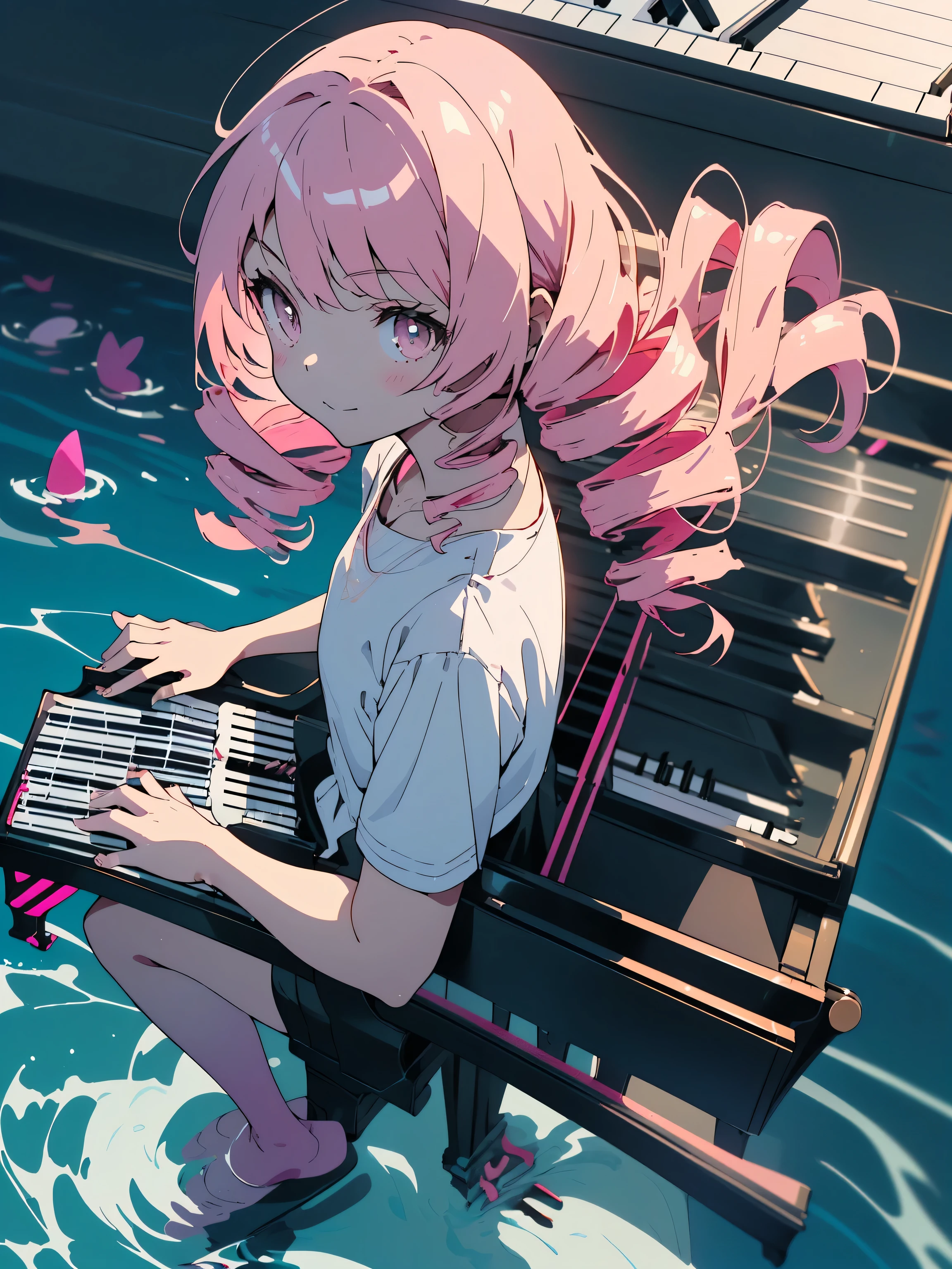 (highest quality、masterpiece、High resolution、detailed)､(Shining eyes、detailed beautiful face)、best image quality, 4k, (teenage girl:1.7、pianist:1.8), white and soft skin, (Pink twin drill hair:1.8), (golden eyes), (gorgeous dress), cute and soft, young, god々new eyes, exquisite hair,(Grand piano:1.5)、 (Look at the keyboard:1.9), smile, delicate features, front light, front light source, portrait, (full body:1.7), Feeling cute, Excellent posture that captures your vision, Portrait effect, (blue sky and white clouds), (Piano on the water:1.8)、(Vast space:1.3)、rose、(beautiful anime:1.6)、(Fantastic piano performance:1.7)