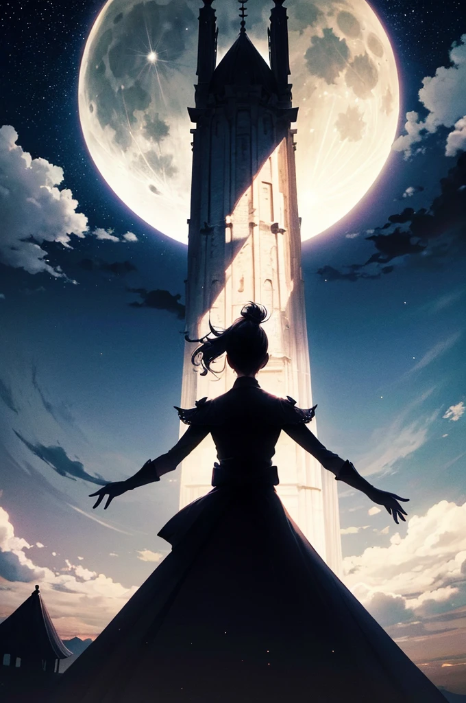 highest quality,big moon and shadow,A silhouette of a person can be seen against the background of the big moon.,There is one full moon,There is a mood,beautiful scenery,starry sky