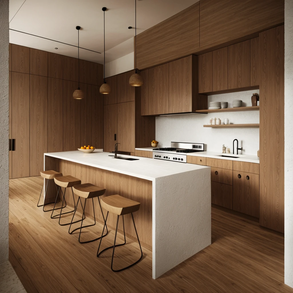 kitchen interior, wabisabi style, wabisabi, (realistic:1.2), Raw photo,Masterpiece, high quality, best quality, authentic, super detail, cinematic lighting,