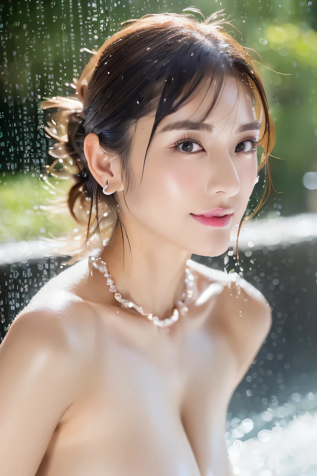 (highest quality, 4k, masterpiece :1.3),
sharp focus, shallow depth of field, Bright colors, professional level,
20-year-old, 1 person, (A half Japanese, half Brazilian woman), beautiful actress face,
Supple body :1.3, model body shape:1.5, perfect style:1.4,
narrow shoulders, beautiful clavicle, long and thin legs,
The beauty of slim abs :1.2, thin waist :1.2,
super detailed skin, Fair skin, Shiny skin, super detailed face,
slim facial contour, beautiful small face, Beautiful lined nose,
super detailed eyes, long slit eyes, brown eyes, double eyelid, Beautiful thin eyebrows, fine long eyelashes,
super detailed lips, plump lips, glossy pink lips, flushed cheeks, beautiful teeth,
Beautiful actress's ennui makeup, pink lipstick,
dark brown hair, delicate soft hair,
(hair up, medium short hair, ponytail:1.2),
layer cut, (dull bangs:1.2),
(stylish looking earrings,necklace,bracelet,shiny nail art:1.2),
gentle smile, open mouth half way, Enchanted expression, stare at the camera,
(((photorealism,Shoot the whole body from the thighs))), ((The body is facing sideways)),
dynamic lighting,
(Dress up in a tight milky polka dot blouse:1.2),
((She is posing naked and sexy with beautiful posture.:1.2)),
The areola of the breast is beautiful:1.2,
I'm putting my hand between my crotches:1.2,
(perfect breast shape, flat chest:1.2),
It is a small pale pink areola.,
(She has a cute plump butt, My thighs are dazzling),
(Large terrace of a luxury hotel, The ocean horizon spreads out behind the large windows),
Sitting with legs spread in a recliner,
(wet in the rain, wet in the rain, wet body :1.4),
