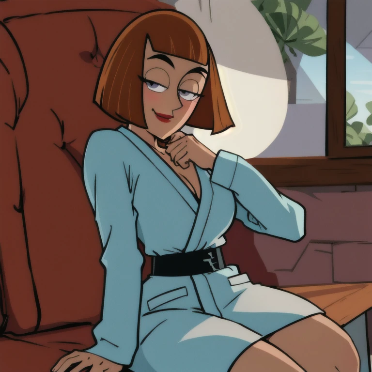 maddie fenton, looking at viewer, thinking about sex, wondering if it will work, in the kitchen, fully clothed, bathrobe, sitting at table, eye-contact, horny