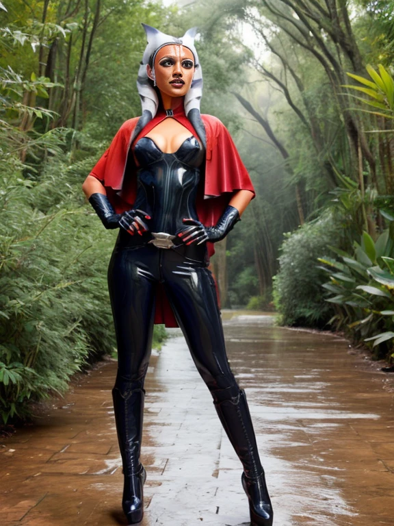 ahsoka, helmet with red visor, cape, armor,black gloves,tight latex bodysuit,black cape,black pants, BREAK close-up, solo, standing, front view, medium breasts, hands on hips, wide hips, BREAK x3dce, 3d, jungle background, dense vegetation, rain, night, night sky,