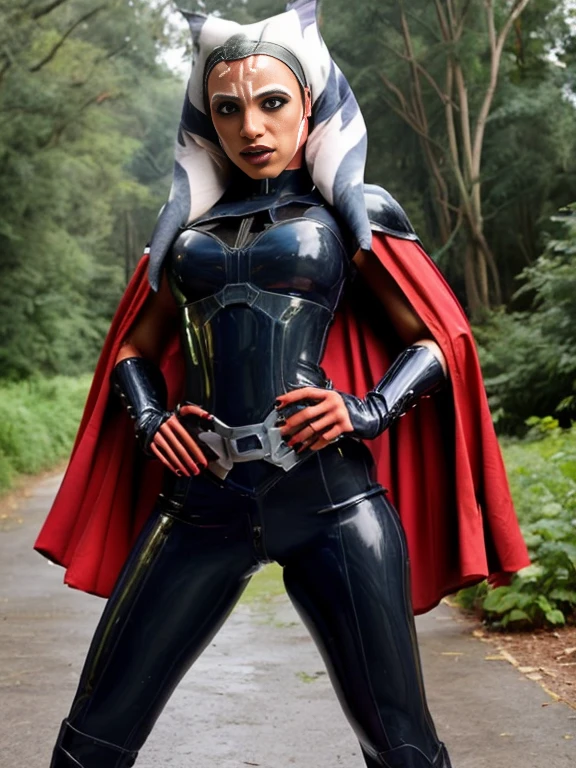 ahsoka, helmet with red visor, cape, armor,black gloves,tight latex bodysuit,black cape,black pants, BREAK close-up, solo, standing, front view, medium breasts, hands on hips, wide hips, BREAK x3dce, 3d, jungle background, dense vegetation, rain, night, night sky,