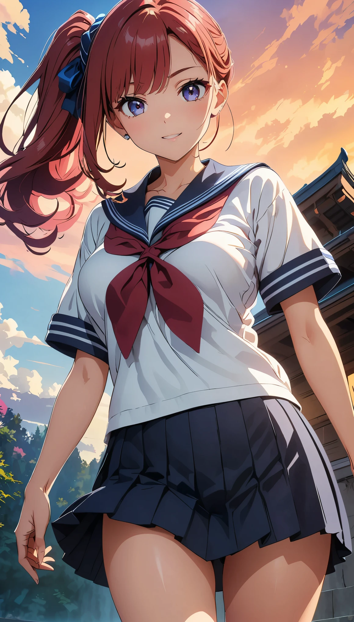 (anime artwork, anime style, studio anime, very detailed, up to date, vibrant, Anime Coloring, high contrast, masterpiece:1.2, best quality, best aesthetics), woman in sailor suit, pleated skirt, medium breasts, A glimpse of thighs, Red hair, side ponytail, asymmetrical bangs, perfect proportions, high detail skin, Cute, detailed faces, Dance Motion, Poses with action, (precise fingertips, Refers to 4, Thumb 1),