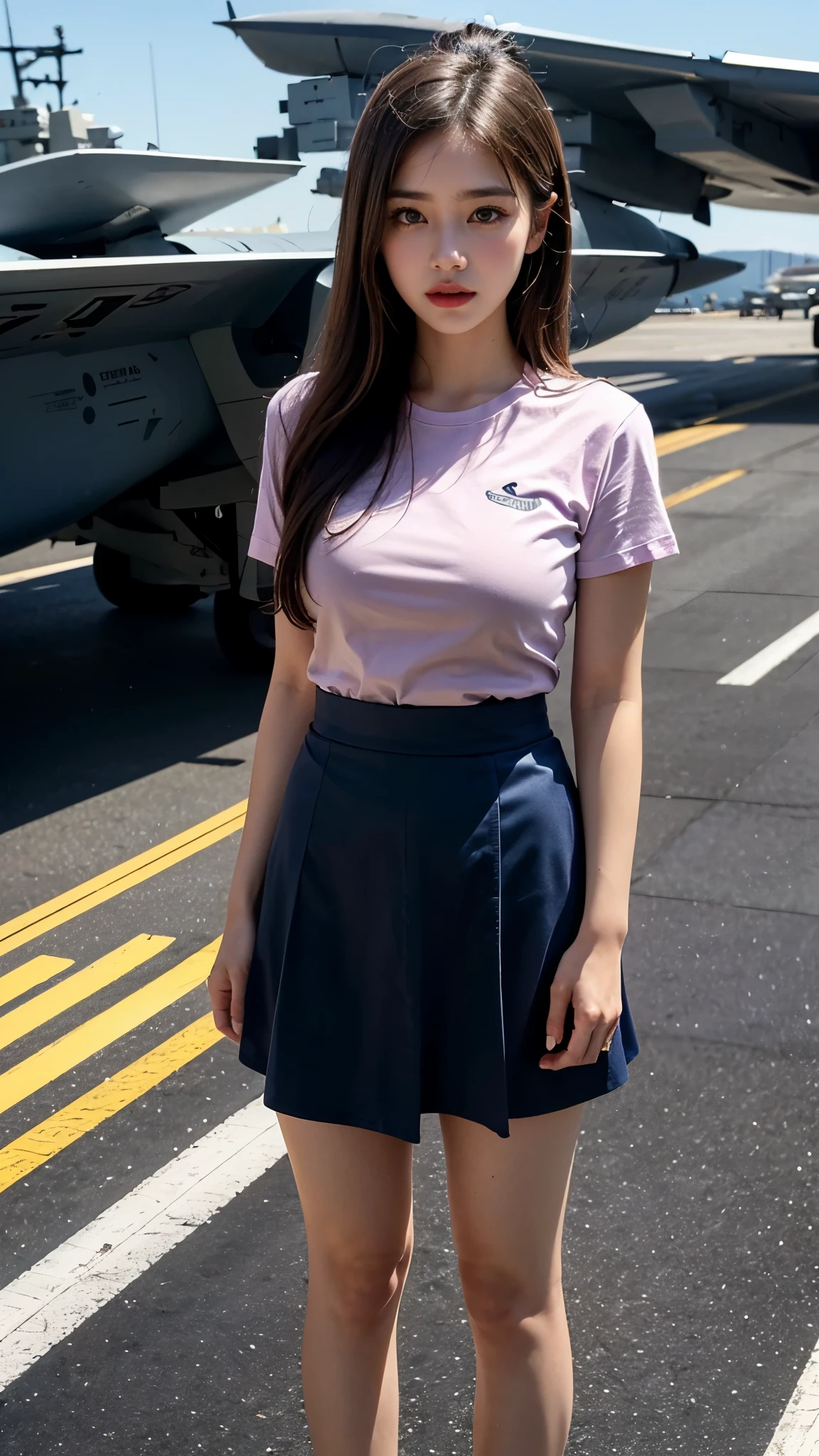 8k, highest quality, ultra detailed:1.37), Ray Tracing , Unity 8k wallpaper, ((18 years)), a beautiful Asian girl, ((proudly stands in a Aircraft Carrier Deck)), representing her as a Navy Pilot, ((She wears a fitted Luxury Lavender T-shirt)), ((Luxury above Knee length Pink skirt)), The high-resolution image captures ultra-detailed realism, highlighting Eliana's determined expression, piercing eyes, and confident stance. The backdrop showcase Aircraft carriers, adding to the authenticity and significance of the image. This visually striking representation showcases Eliana's strength and dedication as a Navy pilot, Big ship, ((Blue sea)), (((Aircraft Carrier Deck))), Fighter Jets, Army Helicopter, Chinook Helicopter, ((Detailed face)), ((Perfect body figure)), ((Detailed hair)), ((Detailed Dress)), ((Detailed background)), ((detailed skin)), ((detailed Fighter Jets)), cute knees, Aircraft carriers, Stylish looks, Perfect Young breasts under dress, realistic Skin, Perfect Angles, Ultra Realistic, Ultra HD image Clarity, fighter Jet Helmet in Hands, Eyes are very hot looks, Slightly open mouth, Ultra Realistic Face, Upper body shot,