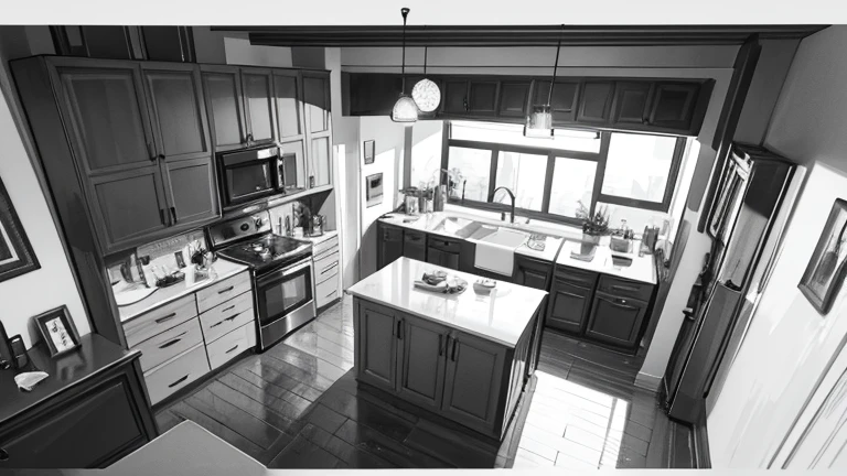 monochrome,masterpiece,illustration, best quality, best aathetic,Kitchen,long shot,Low angle and full shot, Bird’s eye view from above,
