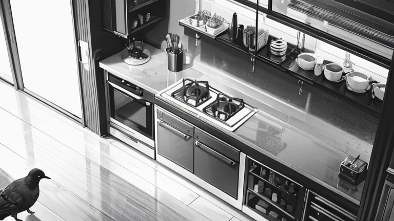 monochrome,masterpiece,illustration, best quality, best aathetic,Kitchen,long shot,Low angle and full shot, Bird’s eye view from above,