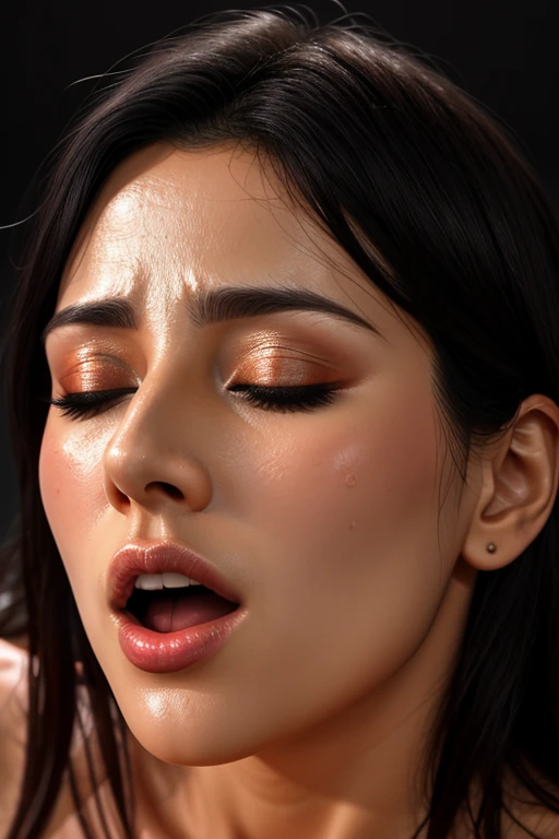 table top,Awards - winning photos, very detailed, edge orgasm, woman with open mouth and closed eyes , Skin shiny with sweat、Illumination that highlights the shine of sweat{{{spread }}}, black haired、NSFW,{{{{large crowd of male spectators}}}},(Realistic C-shaped elongated nostrils)、Symmetrical nostrils,dark gray background,(((close up face)))