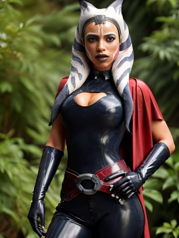 ahsoka, helmet with red visor, cape, armor,black gloves,tight latex bodysuit,black cape,black pants, BREAK close-up, solo, standing, front view, medium breasts, hands on hips, wide hips, BREAK x3dce, 3d, jungle background, dense vegetation, rain, night, night sky,
