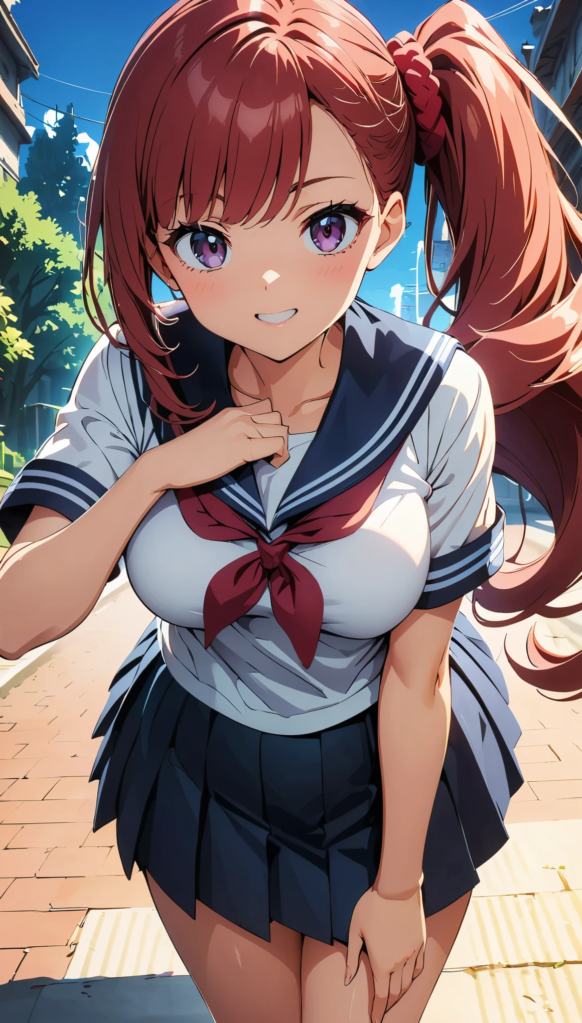 (anime artwork, anime style, studio anime, very detailed, up to date, vibrant, Anime Coloring, high contrast, masterpiece:1.2, best quality, best aesthetics), woman in sailor suit, pleated skirt, medium breasts, A glimpse of thighs, Red hair, side ponytail, asymmetrical bangs, perfect proportions, high detail skin, Cute, detailed faces, Dance Motion, Poses with action, (precise fingertips, Refers to 4, Thumb 1),