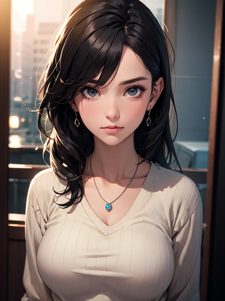 best quality, masterpiece, High resolution, a girl, sweater, necklace, jewelry, pretty face, big breasts, more than_Body, Tyndall effect, lifelike, dark studio, edge lighting, two-tone lighting, (HD skin: 1.2), 8K Ultra HD, SLR camera, soft light, high quality, Volumetric lighting, frank, photography, High resolution, 4K, 8K, Bokeh,