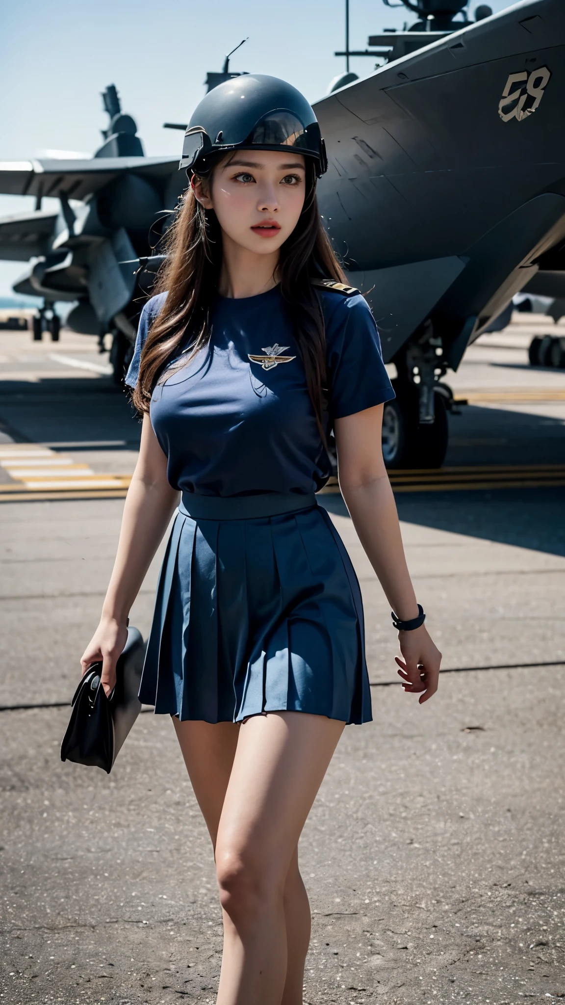 8k, highest quality, ultra detailed:1.37), Ray Tracing , Unity 8k wallpaper, ((18 years)), a beautiful Asian girl, ((proudly stands in a Aircraft Carrier Deck)), representing her as a Navy Pilot, ((She wears a fitted Luxury Purple T-shirt)), ((Luxury above Knee length pleated Satin Blue skirt)), The high-resolution image captures ultra-detailed realism, highlighting Eliana's determined expression, piercing eyes, and confident stance. The backdrop showcase Aircraft carriers, adding to the authenticity and significance of the image. This visually striking representation showcases Eliana's strength and dedication as a Navy pilot, Big ship, ((Blue sea)), (((Aircraft Carrier Deck))), Fighter Jets, Army Helicopter, Chinook Helicopter, ((Detailed face)), ((Perfect body figure)), ((Detailed hair)), ((Detailed Dress)), ((Detailed background)), ((detailed skin)), ((detailed Fighter Jets)), cute knees, Aircraft carriers, Stylish looks, Perfect Young breasts under dress, realistic Skin, Perfect Angles, Ultra Realistic, Ultra HD image Clarity, fighter Jet Helmet in Hands, Eyes are very hot looks, Slightly open mouth, Ultra Realistic Face, Upper body shot, Close up shot, walking In Deck