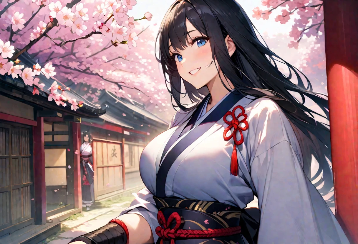{creation、high quality、Highest image quality、4K}、beautiful woman with big breasts、black hair、blue eyes、japanese samurai、long hair、smile、cherry blossoms、