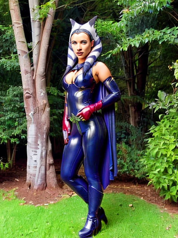 ahsoka, helmet with red visor, cape, armor,black gloves,tight latex bodysuit,black cape,black pants, BREAK close-up, solo, standing, front view, medium breasts, hands on hips, wide hips, BREAK x3dce, 3d, jungle background, dense vegetation, rain, night, night sky,
