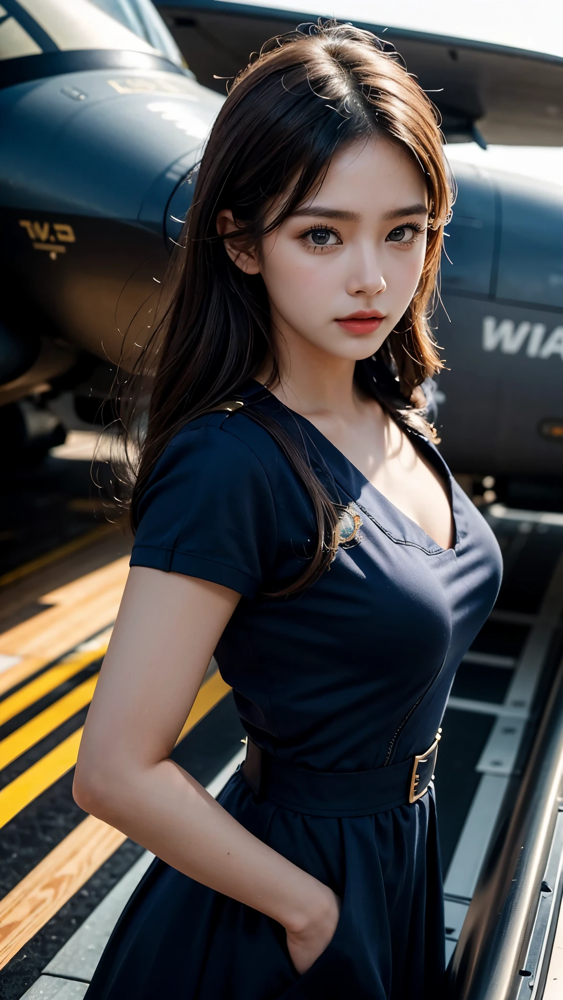 8k, highest quality, ultra detailed:1.37), Eliana, ((18 years)), a beautiful Asian girl, ((proudly stands in a Navy Uniform)), representing her role as a Navy Pilot. She wears a fitted pink dress. The high-resolution image captures ultra-detailed realism, highlighting Eliana's determined expression, piercing eyes, and confident stance. The backdrop showcase Aircraft carriers, adding to the authenticity and significance of the image. This visually striking representation showcases Eliana's strength and dedication as a Navy pilot, Big ship, Blue sea, (((Aircraft Carrier Deck))), Fighter Jets, Army Helicopter, Chinook, ((Detailed face)), ((Perfect body figure)), ((Detailed hair)), ((Detailed Dress)), ((Detailed background)), ((detailed skin)), ((detailed Fighter Jets)), cute knees, Aircraft carriers, Stylish looks, Perfect Young breasts under dress, realistic Skin, Perfect Angles,
