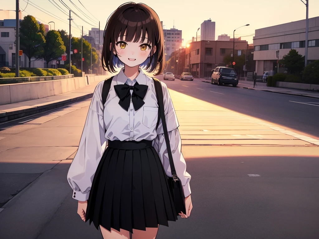 ((((Happy face)))),(((Long shot, taken from the front, 1 girl, white , black skirt, short bob, brown hair, golden eyes, , short height, city girl))), ((On the way home from school)), ((Uniform)), (Masterpiece), (High resolution), (Top quality), (Super delicate), ((Line drawing manga style)), Wallpaper, Manga style illustration, Painting style, heartwarming synopsis, ((youth)), (((student))), (unique atmosphere), unique world view, unique atmosphere, school life, youth town, (masterpiece), (high resolution), (highest quality), (super delicate), line drawing manga style, comic style illustration, how to draw, warm outline color, (clear), (obvious)