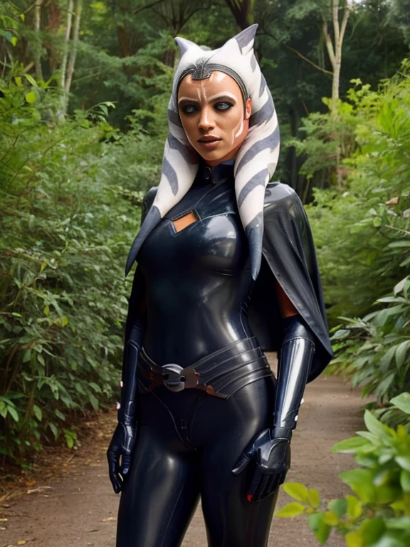 ahsoka, helmet with red visor, cape, armor,black gloves,tight latex bodysuit,black cape,black pants, BREAK close-up, solo, standing, front view, medium breasts, hands on hips, wide hips, BREAK x3dce, 3d, jungle background, dense vegetation, rain, night, night sky,
