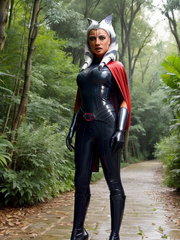ahsoka, helmet with red visor, cape, armor,black gloves,tight latex bodysuit,black cape,black pants, BREAK close-up, solo, standing, front view, medium breasts, hands on hips, wide hips, BREAK x3dce, 3d, jungle background, dense vegetation, rain, night, night sky,
