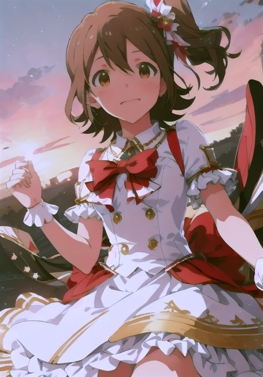 Mirai Kasuga (million live), (highest quality, 8K, masterpiece, super detailed:1.2), detailed background,
beautiful illustrations, highest quality, cute girl, (conversion sequence), transformation magical girl, white magical girl, baby face, beautiful detailed red eyes, cinematic lighting, cowboy shot, looking at the viewer, from below, Happy