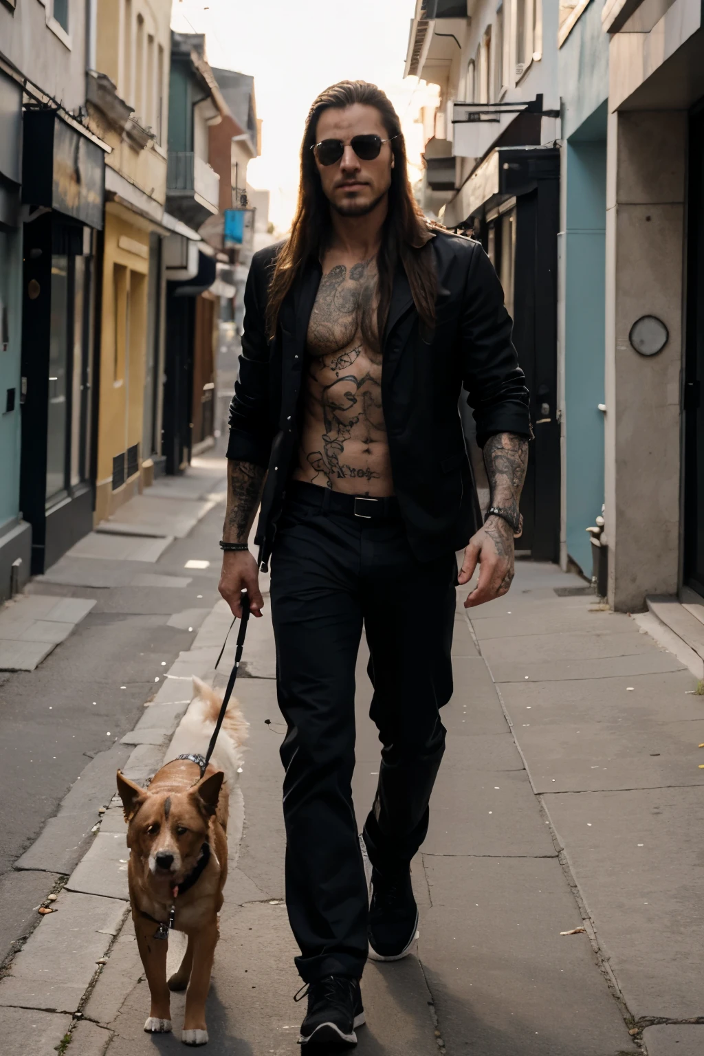 a really bad guy , wealthy , inshape , tatoo , long hair , realistic . Walking down a street with his dog