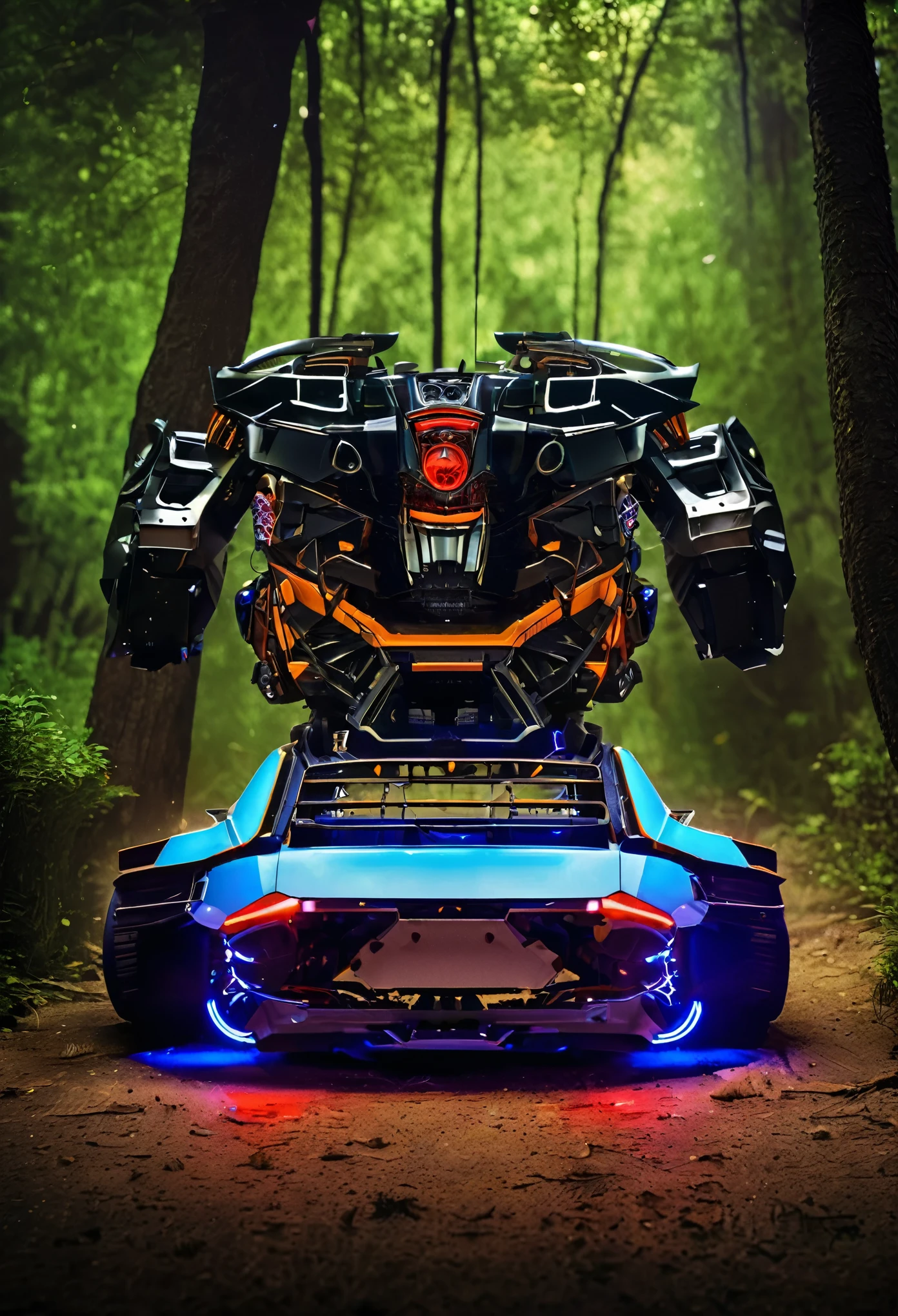 (masterpiece, best quality),Transformer robot car, beautiful outdoor background, night, forest (high detailed:1.2), 8k uhd, dslr, Dramatic Rim light, high quality, Fujifilm XT3,