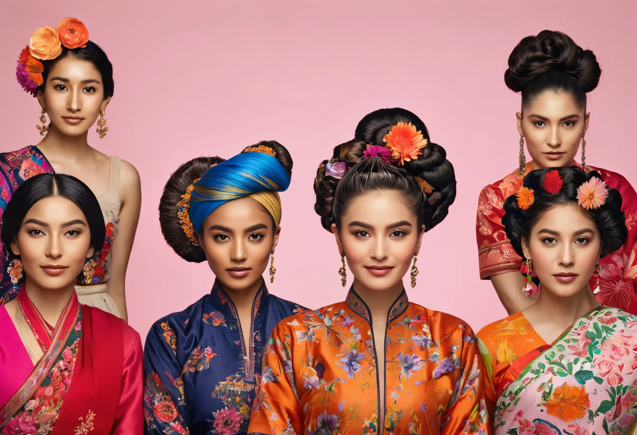 women from different ethnic backgrounds, each showcasing unique hairstyles, traditional attire, and vibrant floral elements